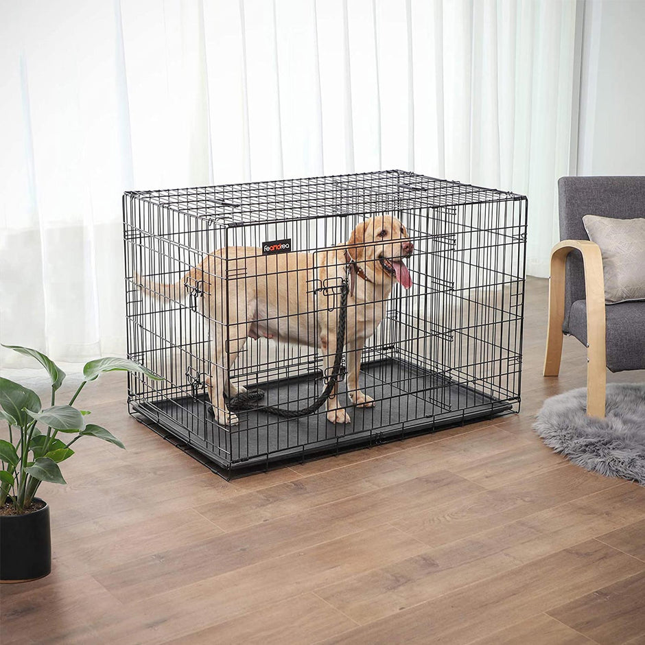Dog Cage – Metal – Black – Folding Design with 2 Doors and Tray, XXXL 48