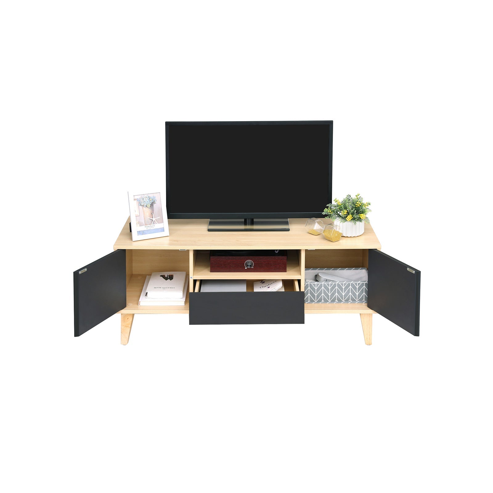 TV Stand – Solid Wood – Natural Wood and Grey – Modern Design with 2 Doors and Drawer