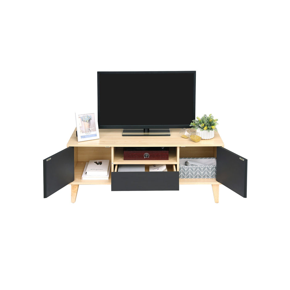 TV Stand – Solid Wood – Natural Wood and Grey – Modern Design with 2 Doors and Drawer