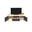 TV Stand – Solid Wood – Natural Wood and Grey – Modern Design with 2 Doors and Drawer