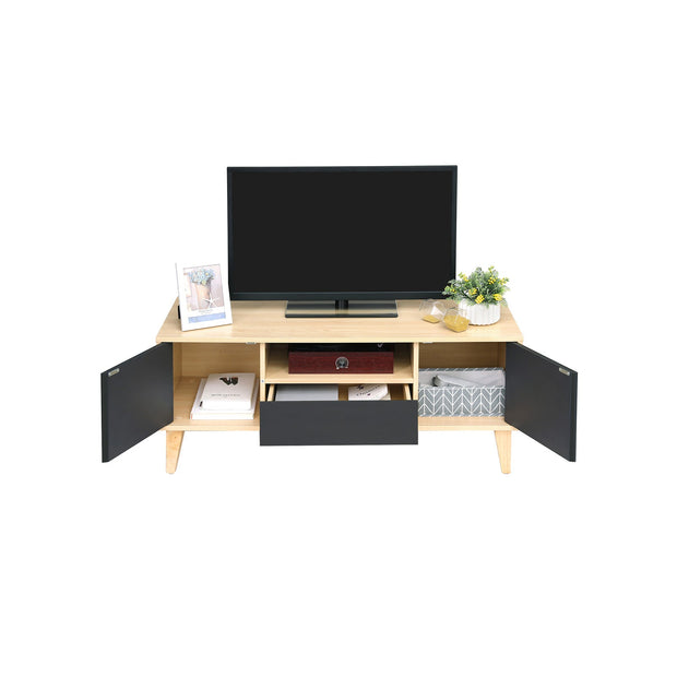 TV Stand – Solid Wood – Natural Wood and Grey – Modern Design with 2 Doors and Drawer
