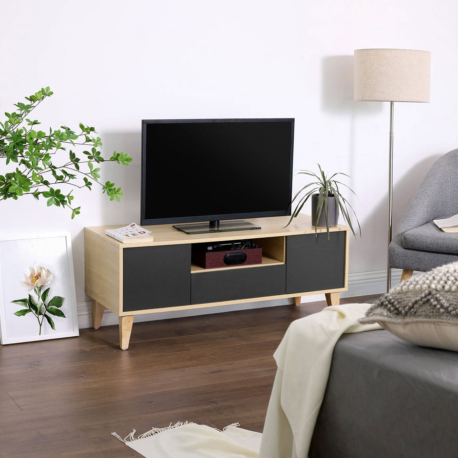TV Stand – Solid Wood – Natural Wood and Grey – Modern Design with 2 Doors and Drawer