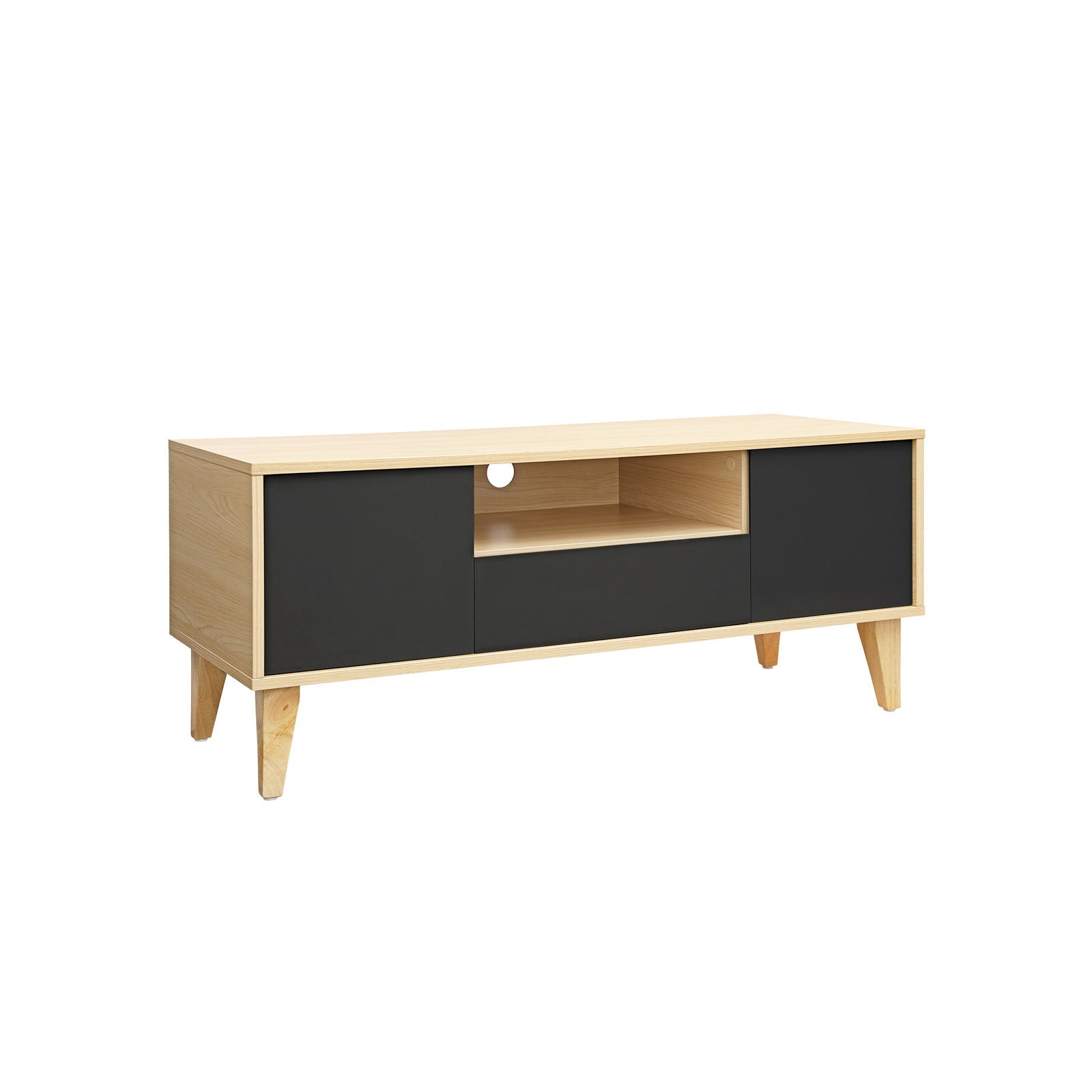 TV Stand – Solid Wood – Natural Wood and Grey – Modern Design with 2 Doors and Drawer