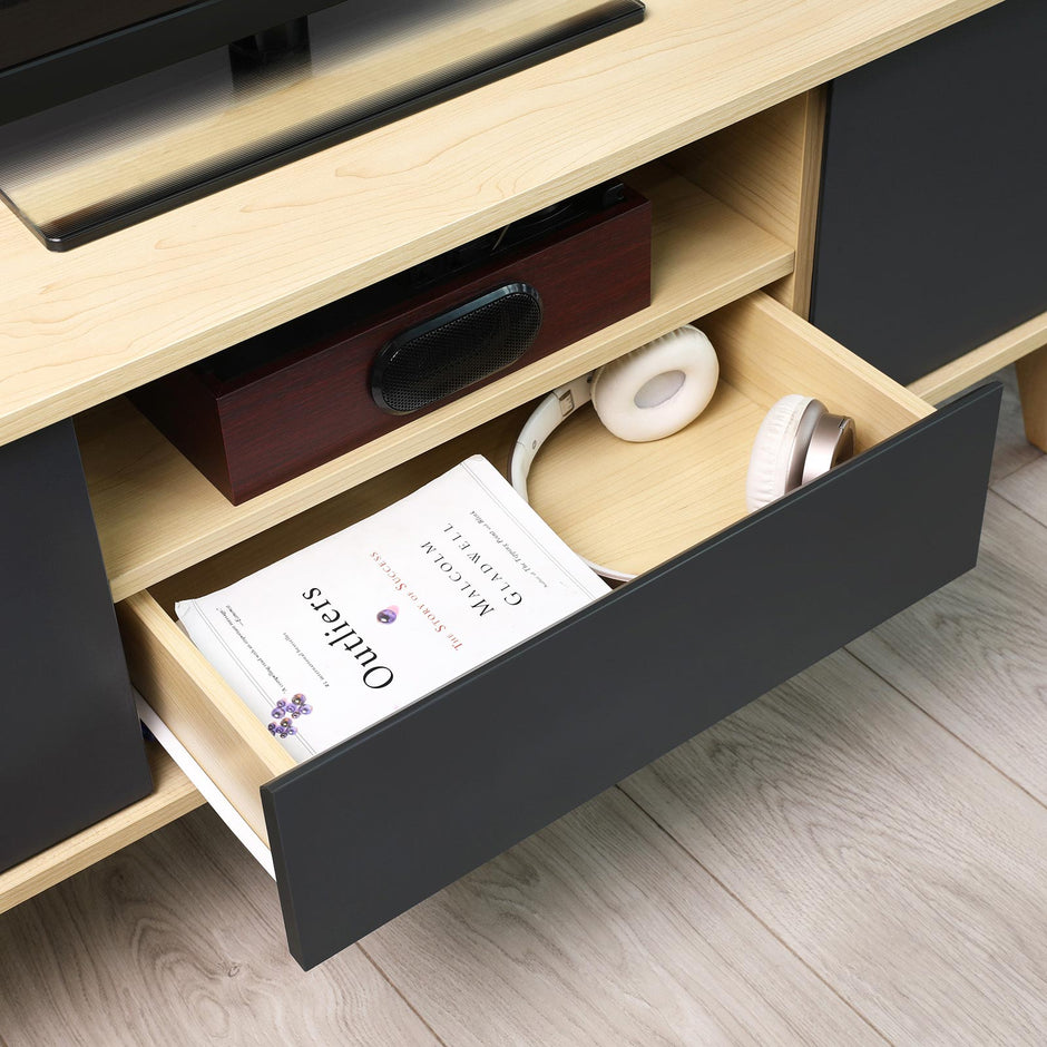 TV Stand – Solid Wood – Natural Wood and Grey – Modern Design with 2 Doors and Drawer
