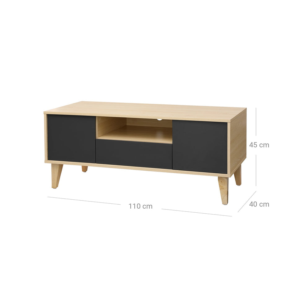 TV Stand – Solid Wood – Natural Wood and Grey – Modern Design with 2 Doors and Drawer