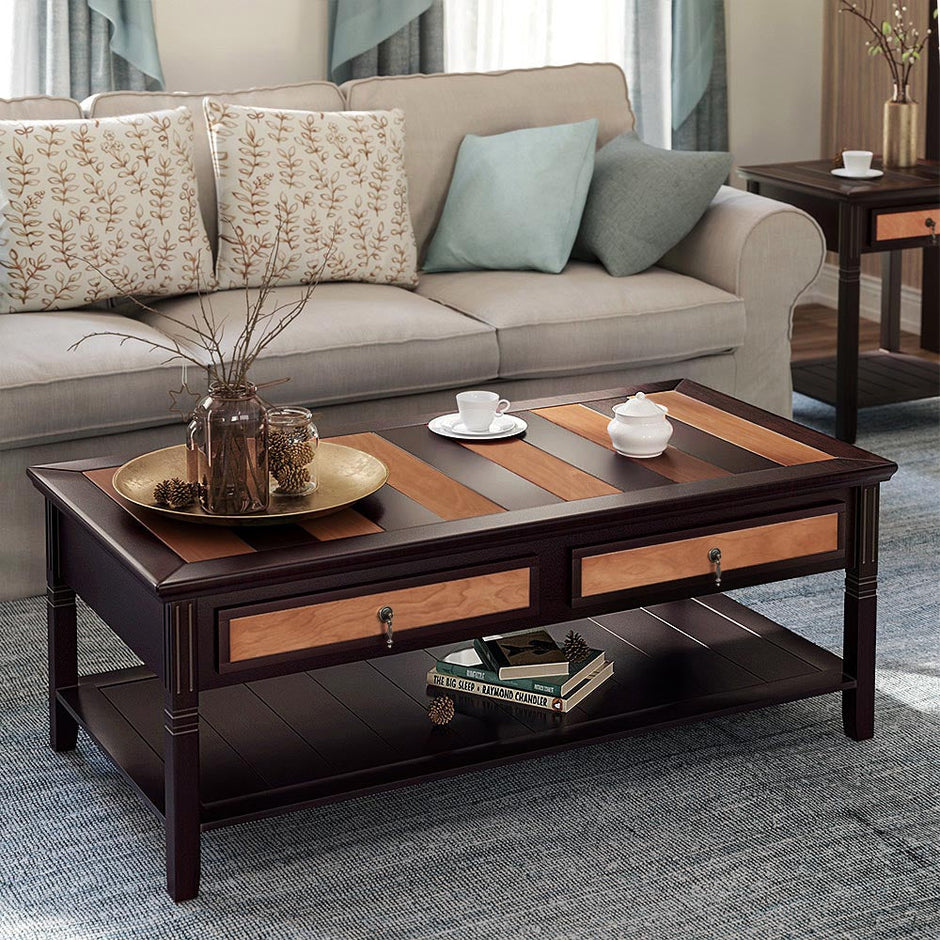 Coffee Table – Solid Wood – Rustic – 2 Drawers with Storage Shelf