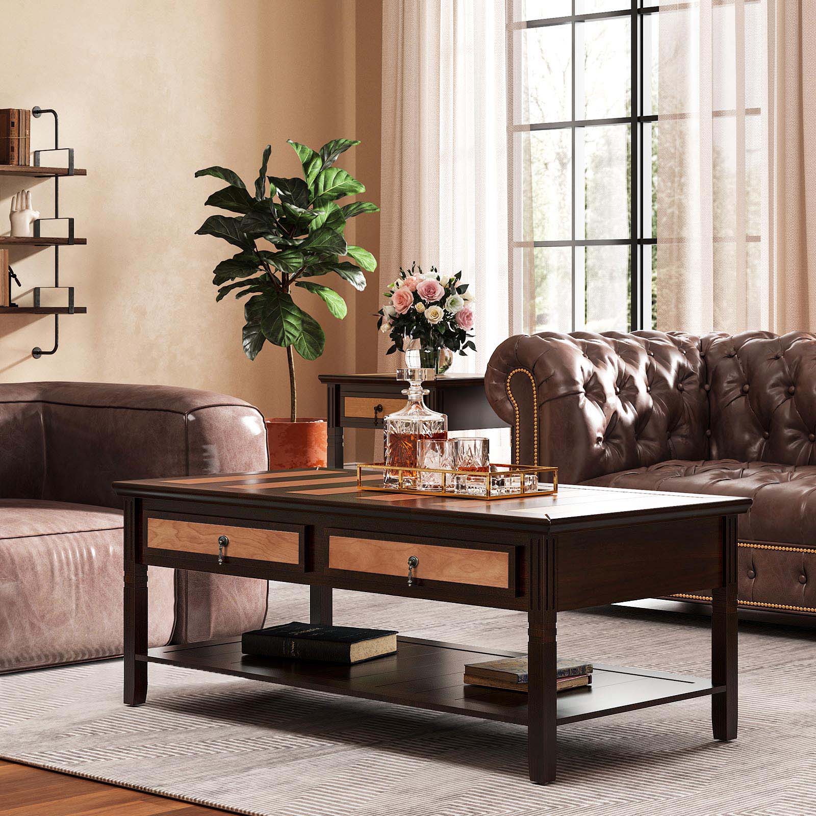 Coffee Table – Solid Wood – Rustic – 2 Drawers with Storage Shelf
