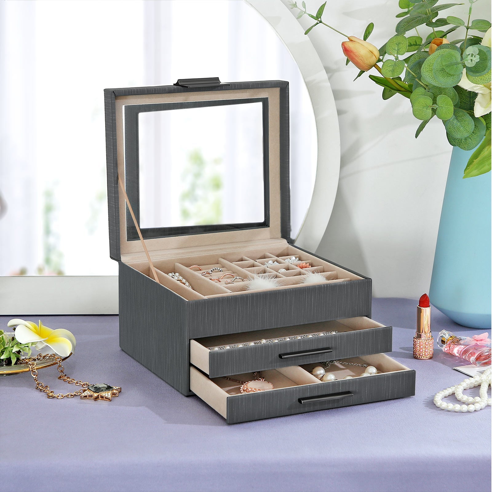 Jewellery Organiser – Wood and Glass – White – 3-Layer with 2 Drawers