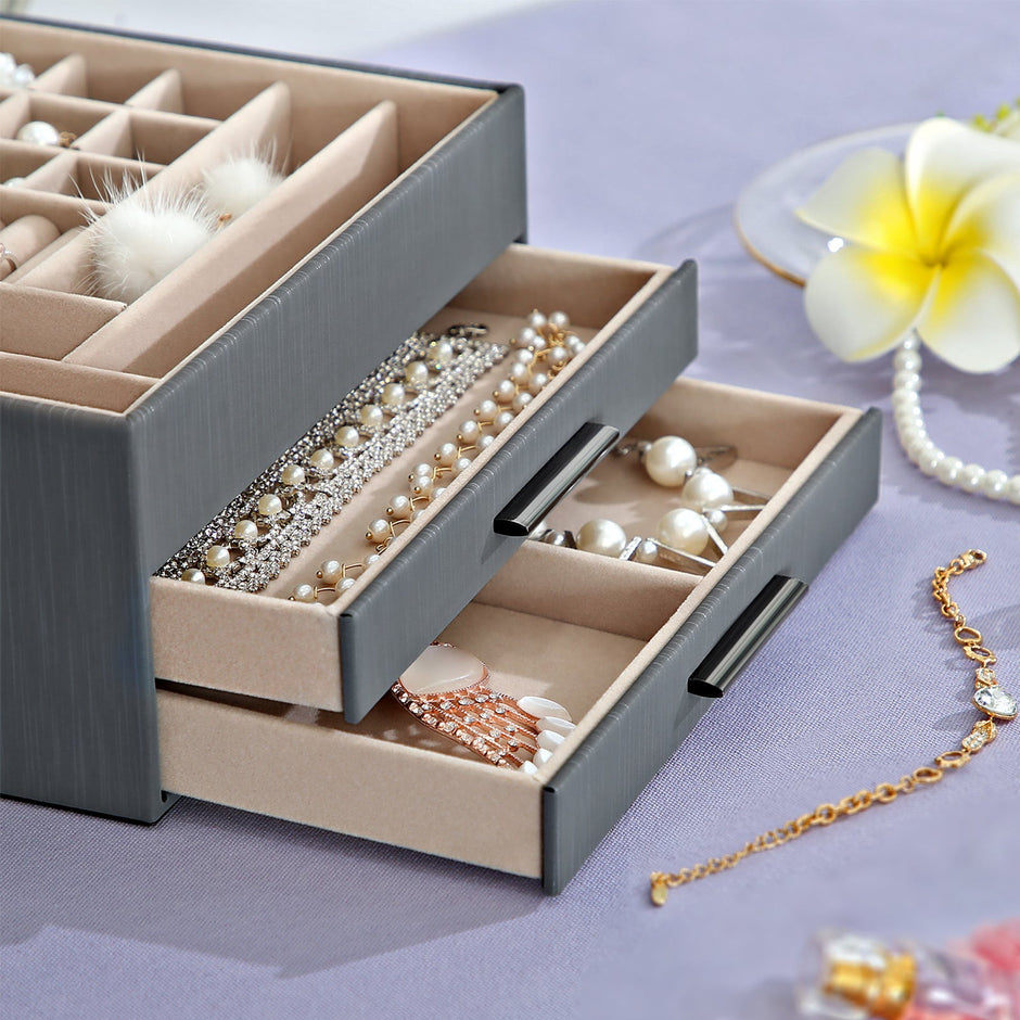 Jewellery Organiser – Wood and Glass – White – 3-Layer with 2 Drawers