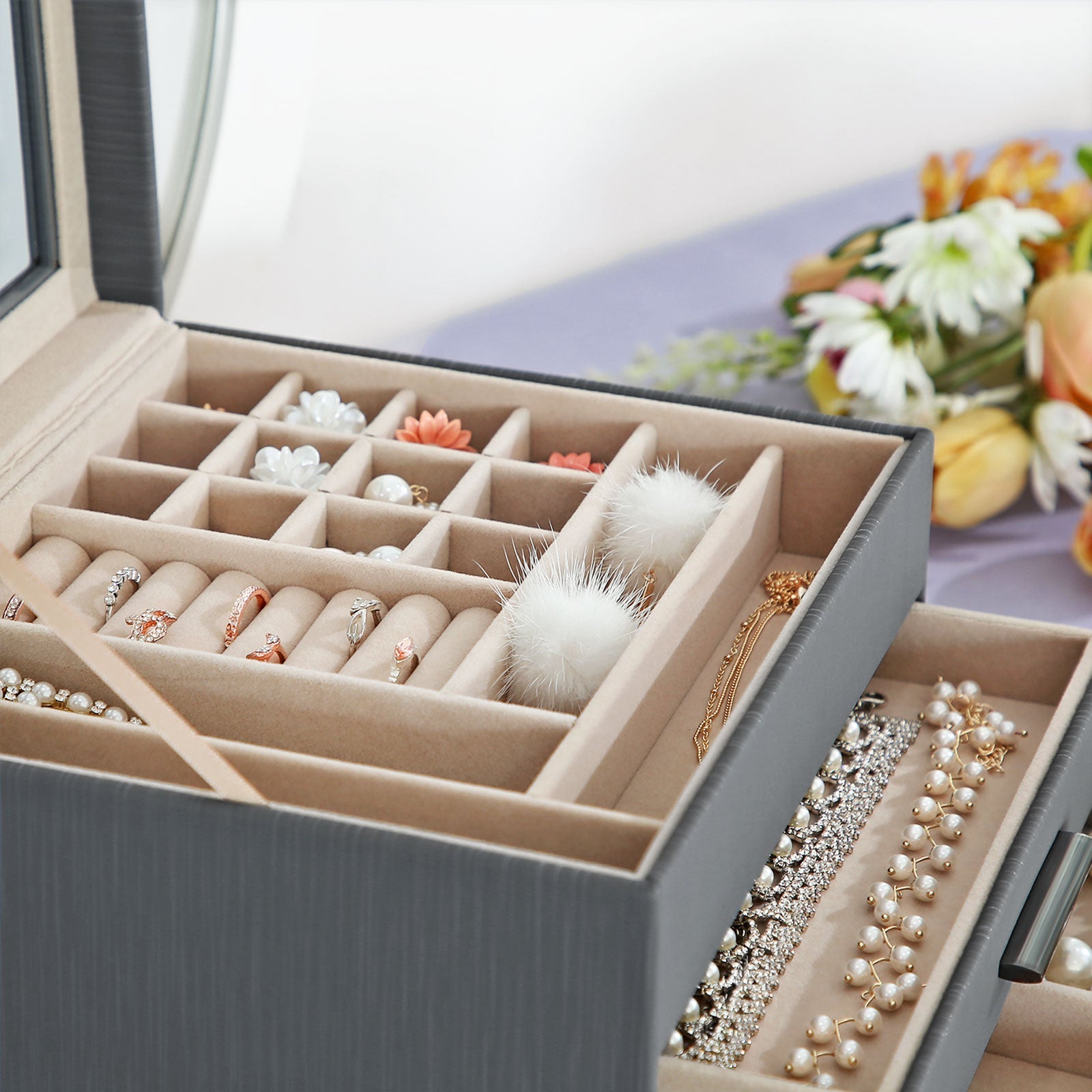 Jewellery Organiser – Wood and Glass – White – 3-Layer with 2 Drawers