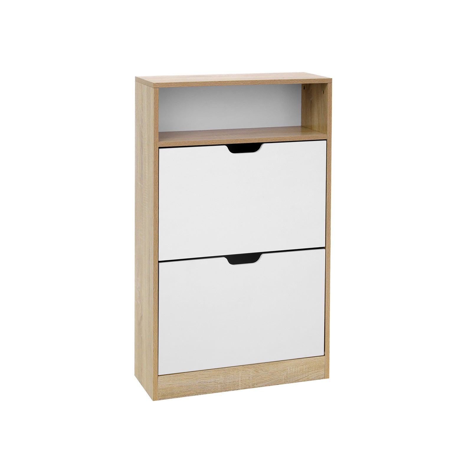 Shoe Cabinet – Melamine Veneer – White and Natural – 2 Flaps with Open Shelf
