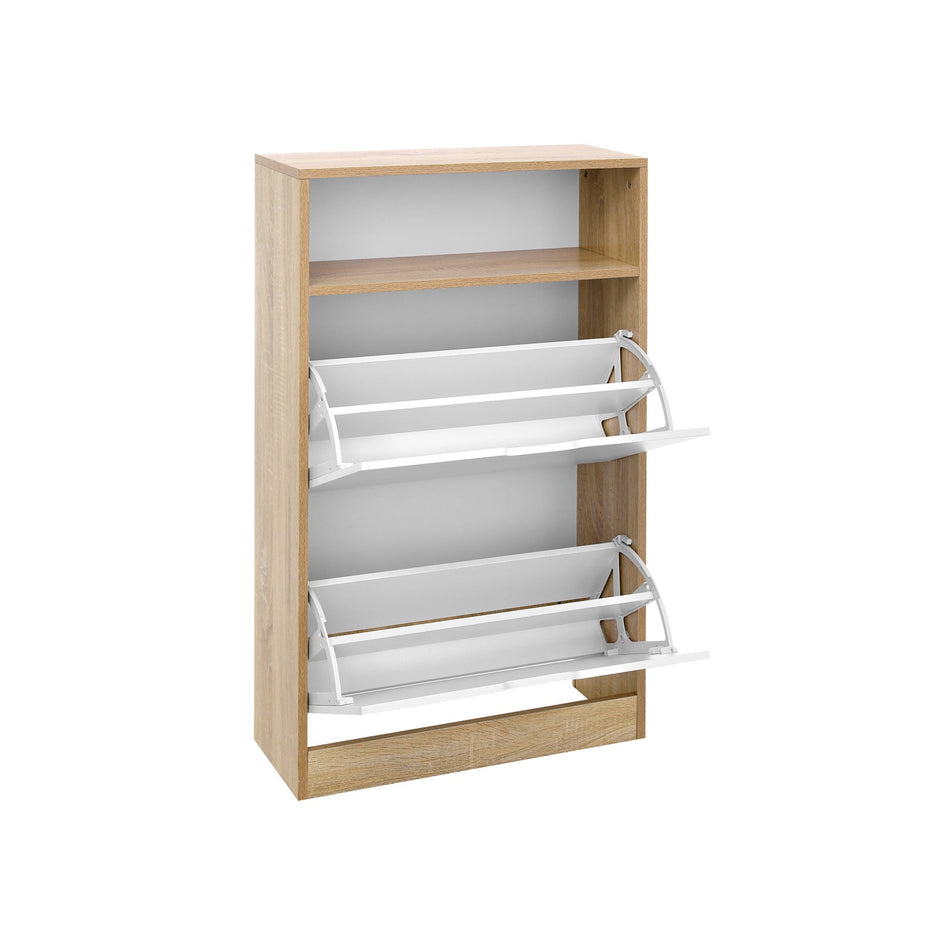 Shoe Cabinet – Melamine Veneer – White and Natural – 2 Flaps with Open Shelf