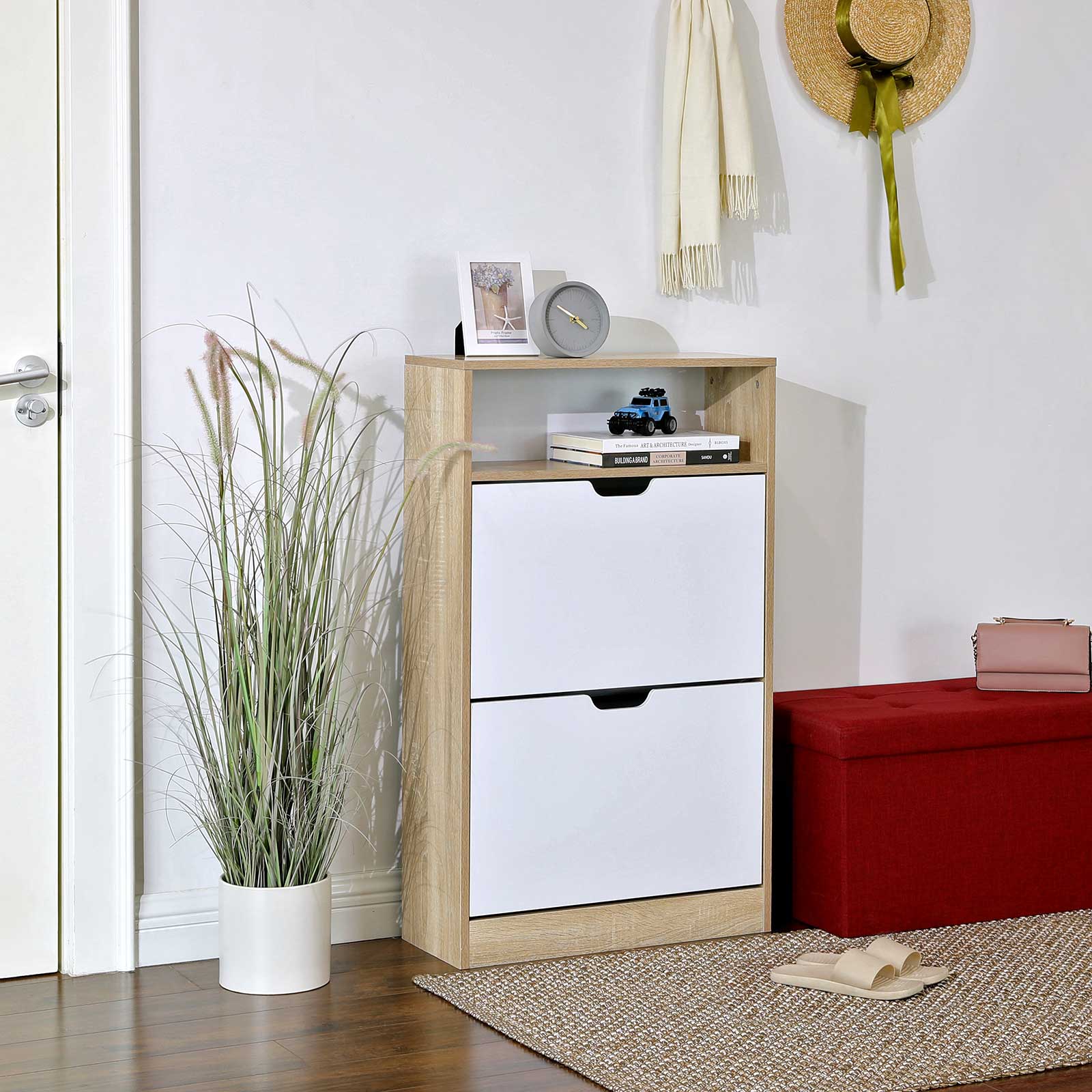 Shoe Cabinet – Melamine Veneer – White and Natural – 2 Flaps with Open Shelf