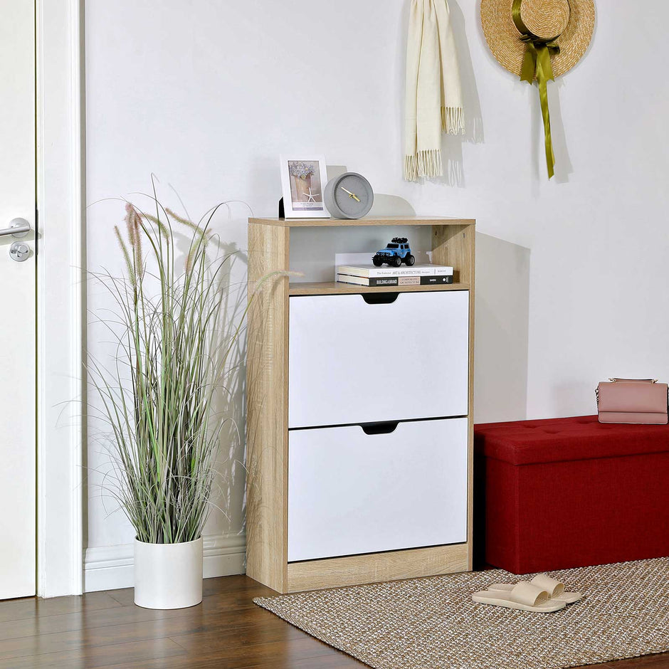 Shoe Cabinet – Melamine Veneer – White and Natural – 2 Flaps with Open Shelf