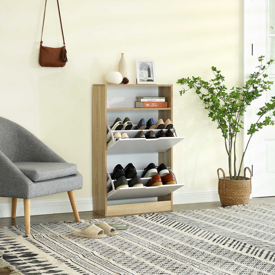 Shoe Cabinet – Melamine Veneer – White and Natural – 2 Flaps with Open Shelf