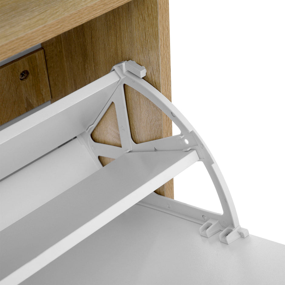 Shoe Cabinet – Melamine Veneer – White and Natural – 2 Flaps with Open Shelf