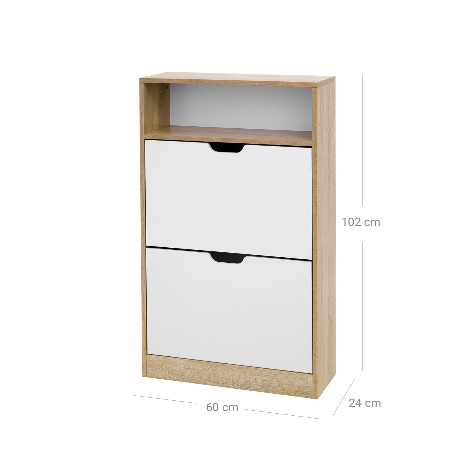 Shoe Cabinet – Melamine Veneer – White and Natural – 2 Flaps with Open Shelf