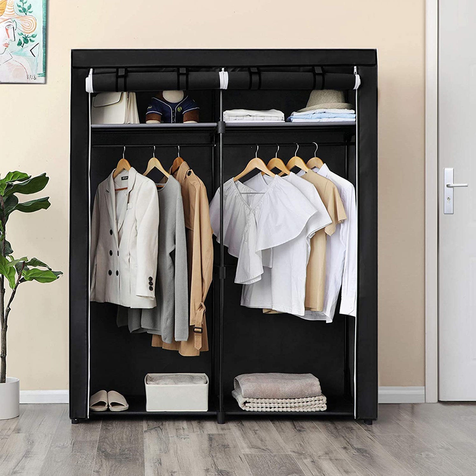 Portable Wardrobe – Fabric – Grey – Foldable with Hanging Rods