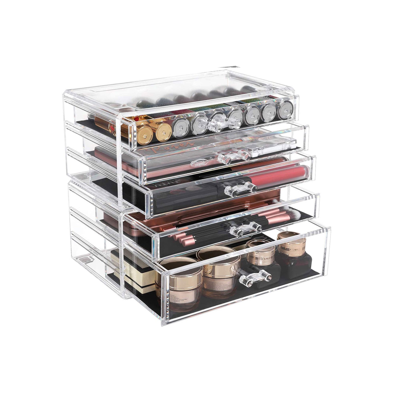 Transparent Makeup Storage Organizer – Polystyrene – Clear – Stackable with 5 Drawers