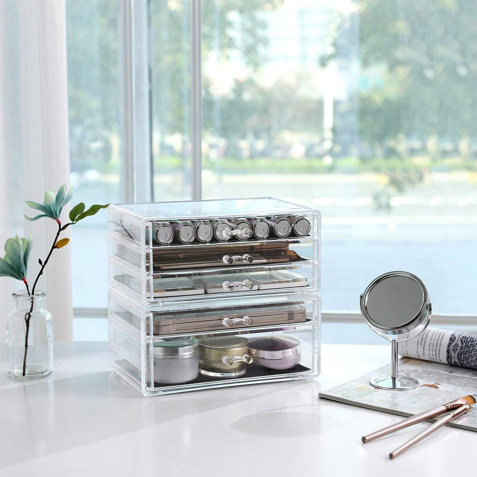 Transparent Makeup Storage Organizer – Polystyrene – Clear – Stackable with 5 Drawers