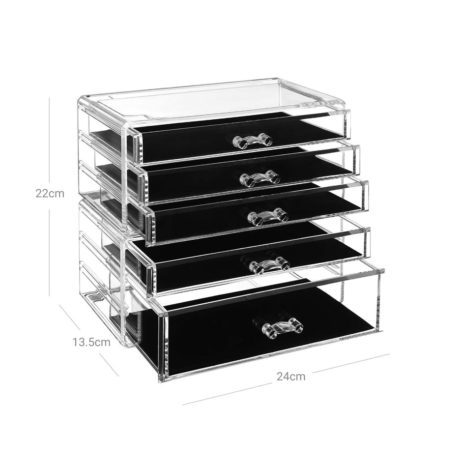 Transparent Makeup Storage Organizer – Polystyrene – Clear – Stackable with 5 Drawers