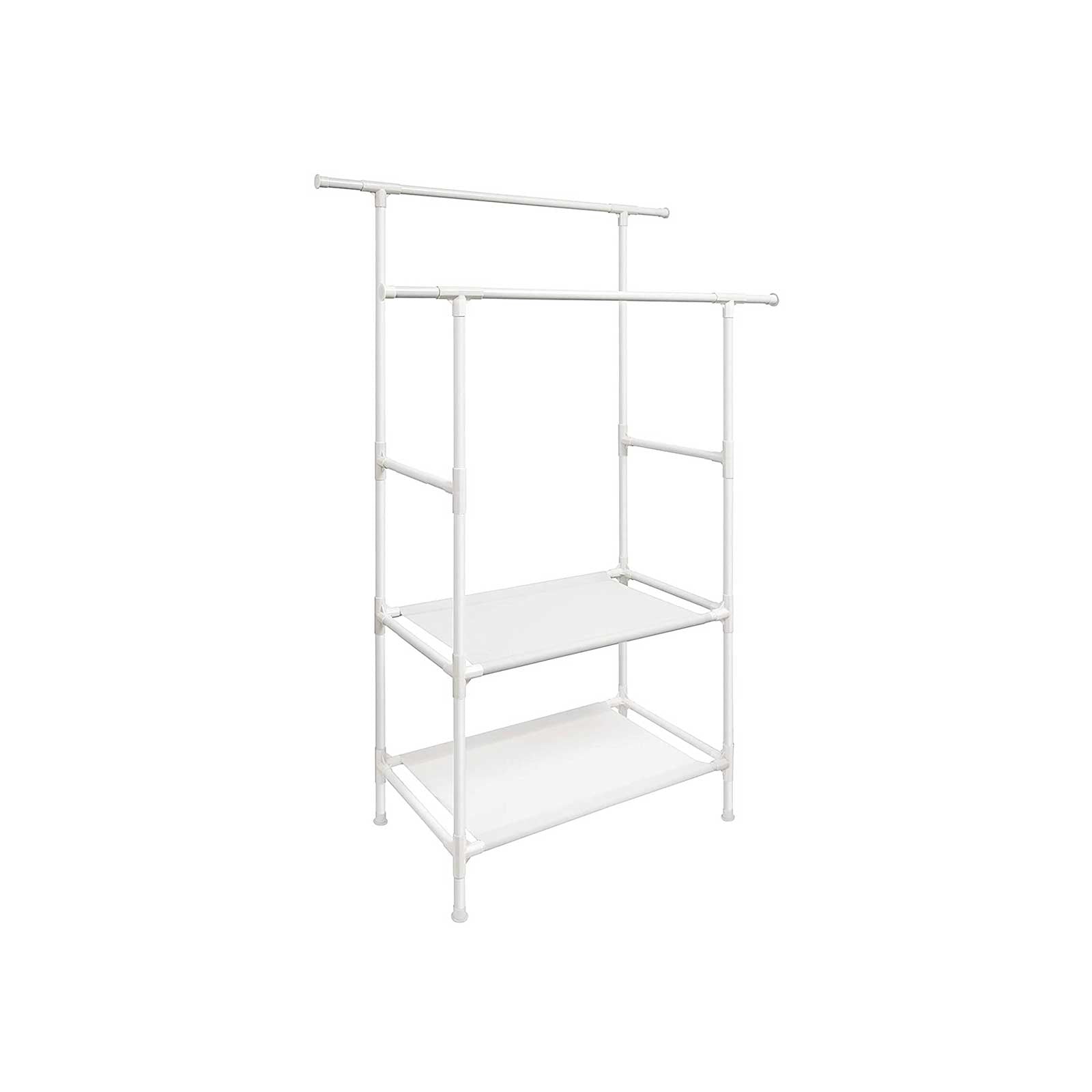 Clothes Rack – Metal – White – 2 Hanging Rails and 2 Storage Shelves