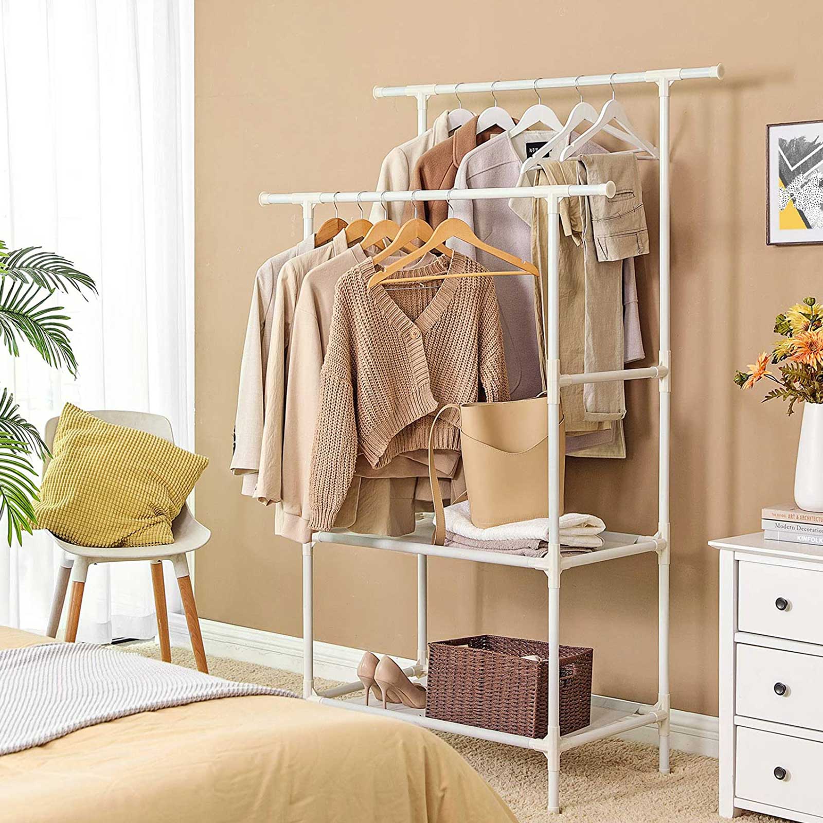 Clothes Rack – Metal – White – 2 Hanging Rails and 2 Storage Shelves