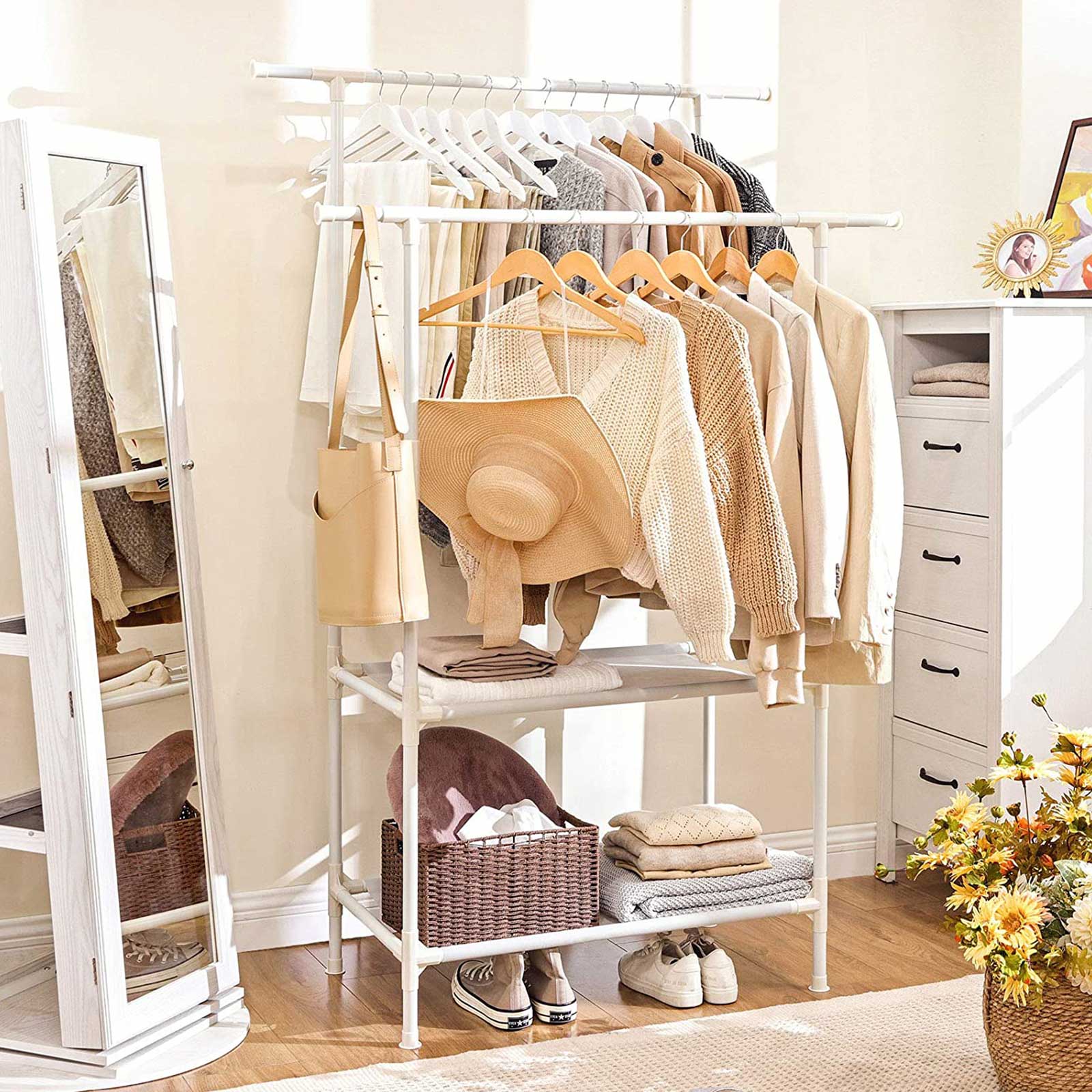 Clothes Rack – Metal – White – 2 Hanging Rails and 2 Storage Shelves