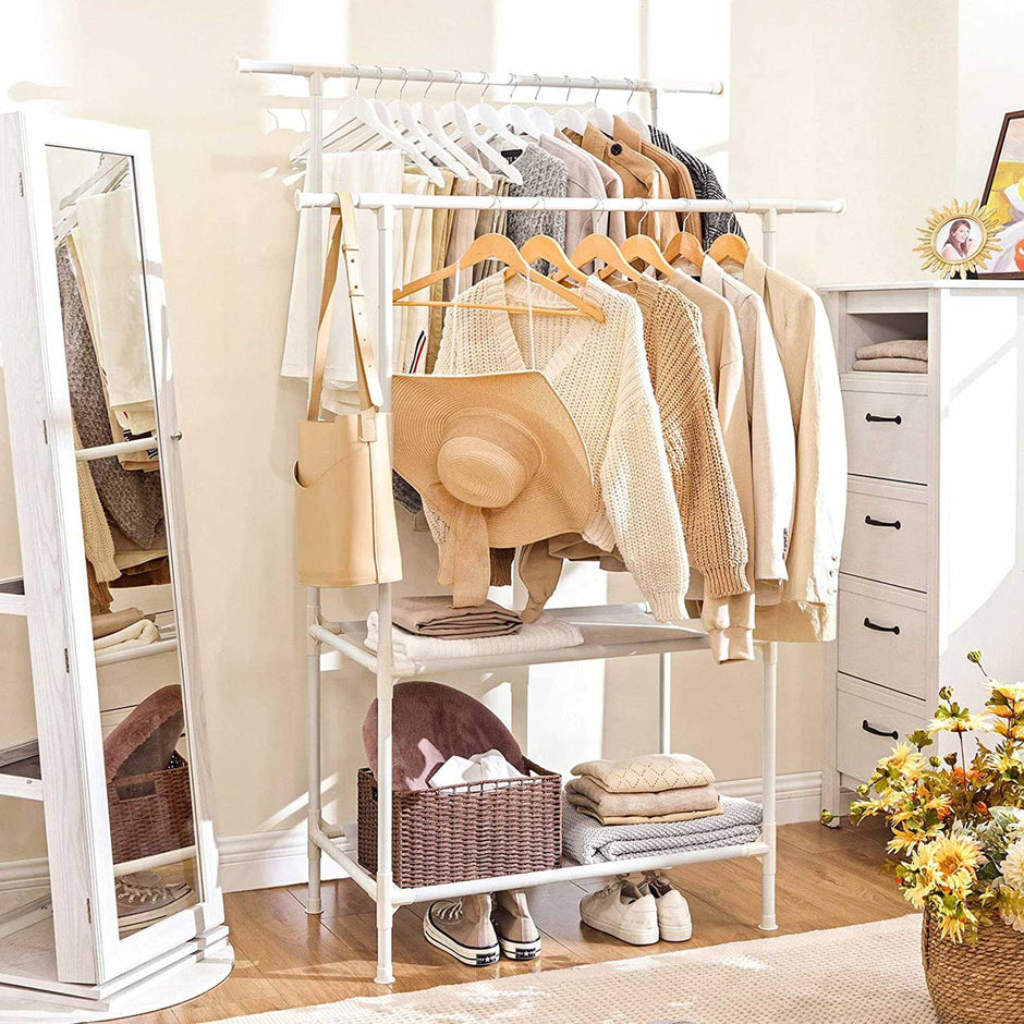 Clothes Rack – Metal – White – 2 Hanging Rails and 2 Storage Shelves
