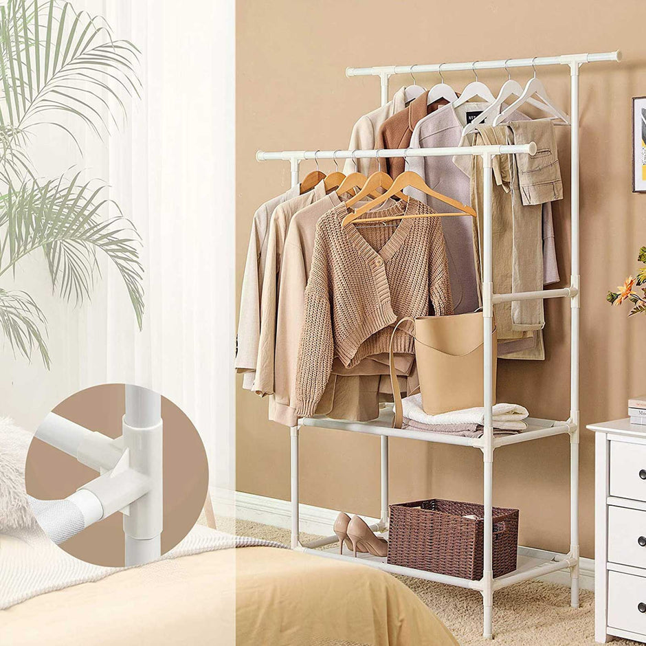 Clothes Rack – Metal – White – 2 Hanging Rails and 2 Storage Shelves