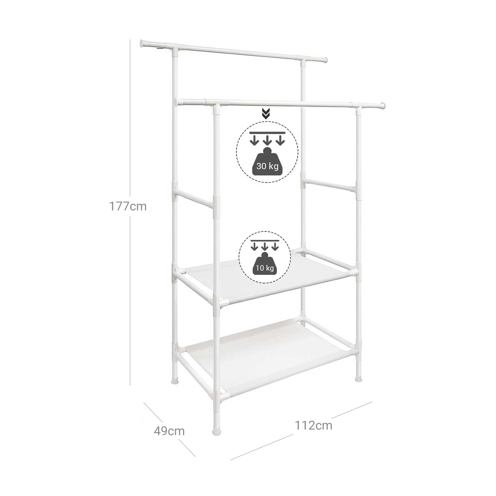 Clothes Rack – Metal – White – 2 Hanging Rails and 2 Storage Shelves