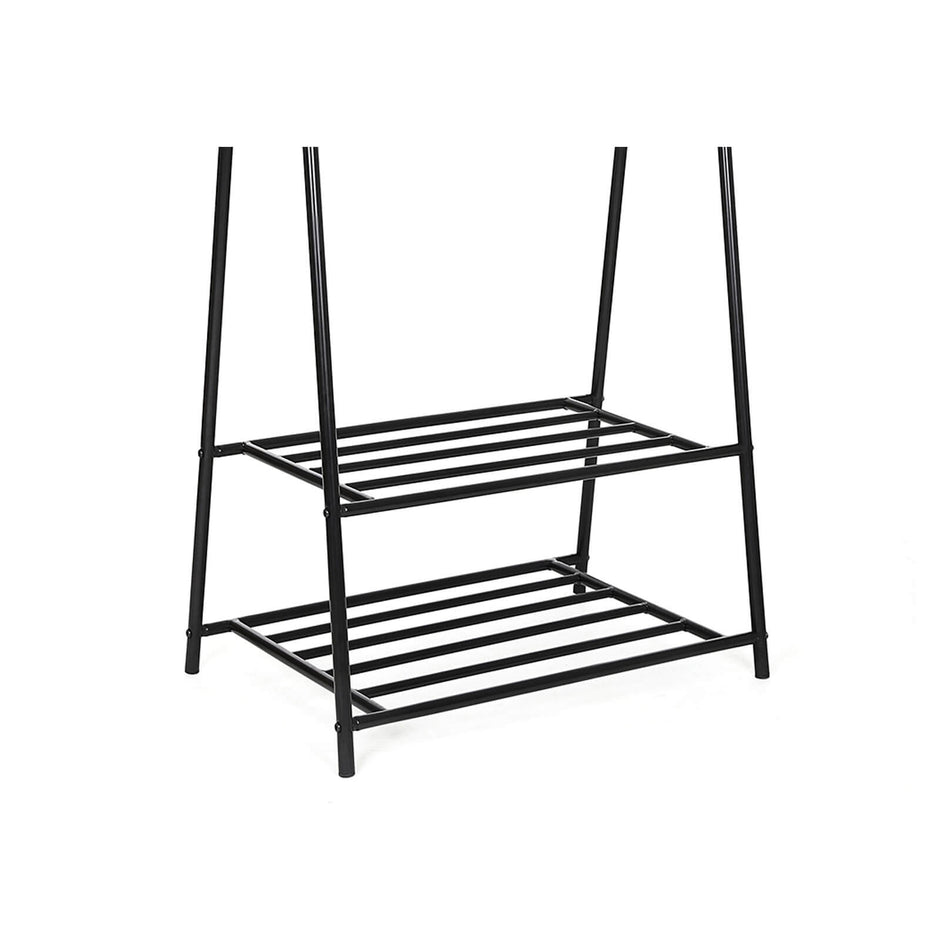 2-Tier Coat Rack – Metal – Black – Entryway Organizer with Shoe and Hat Storage