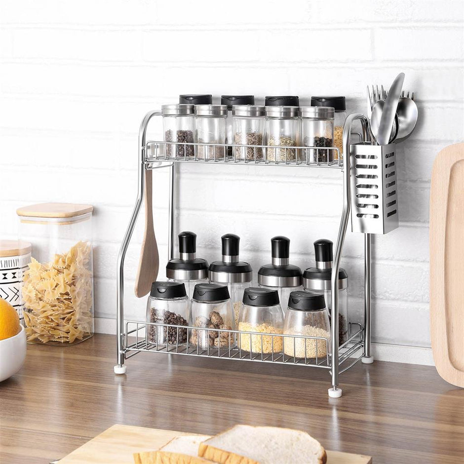 2-Tier Countertop Organiser – Metal – Silver – Includes Cutlery Holder and Hooks