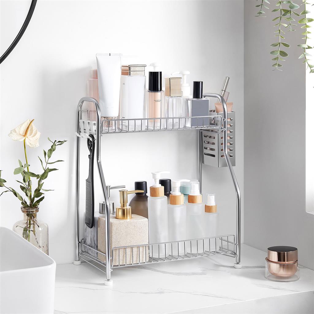 2-Tier Countertop Organiser – Metal – Silver – Includes Cutlery Holder and Hooks