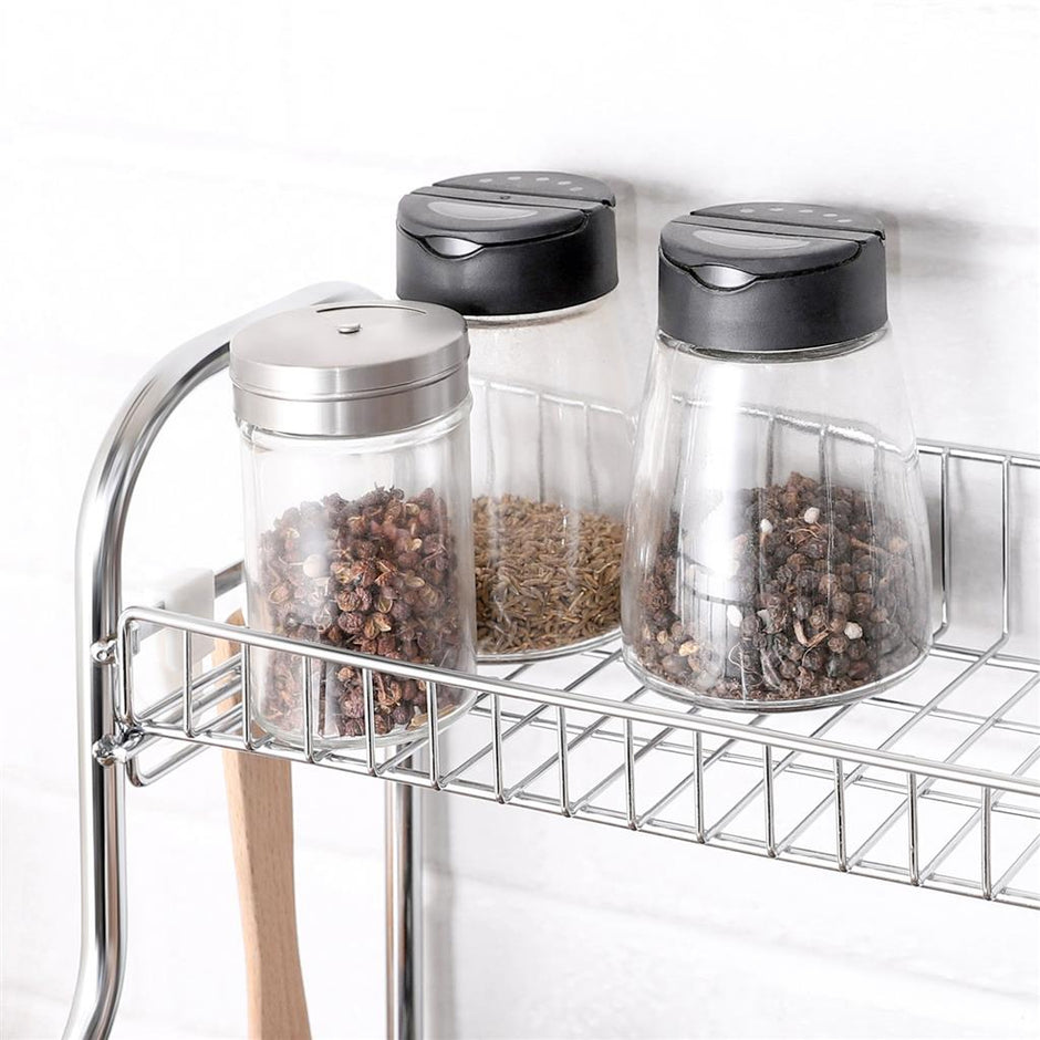 2-Tier Countertop Organiser – Metal – Silver – Includes Cutlery Holder and Hooks