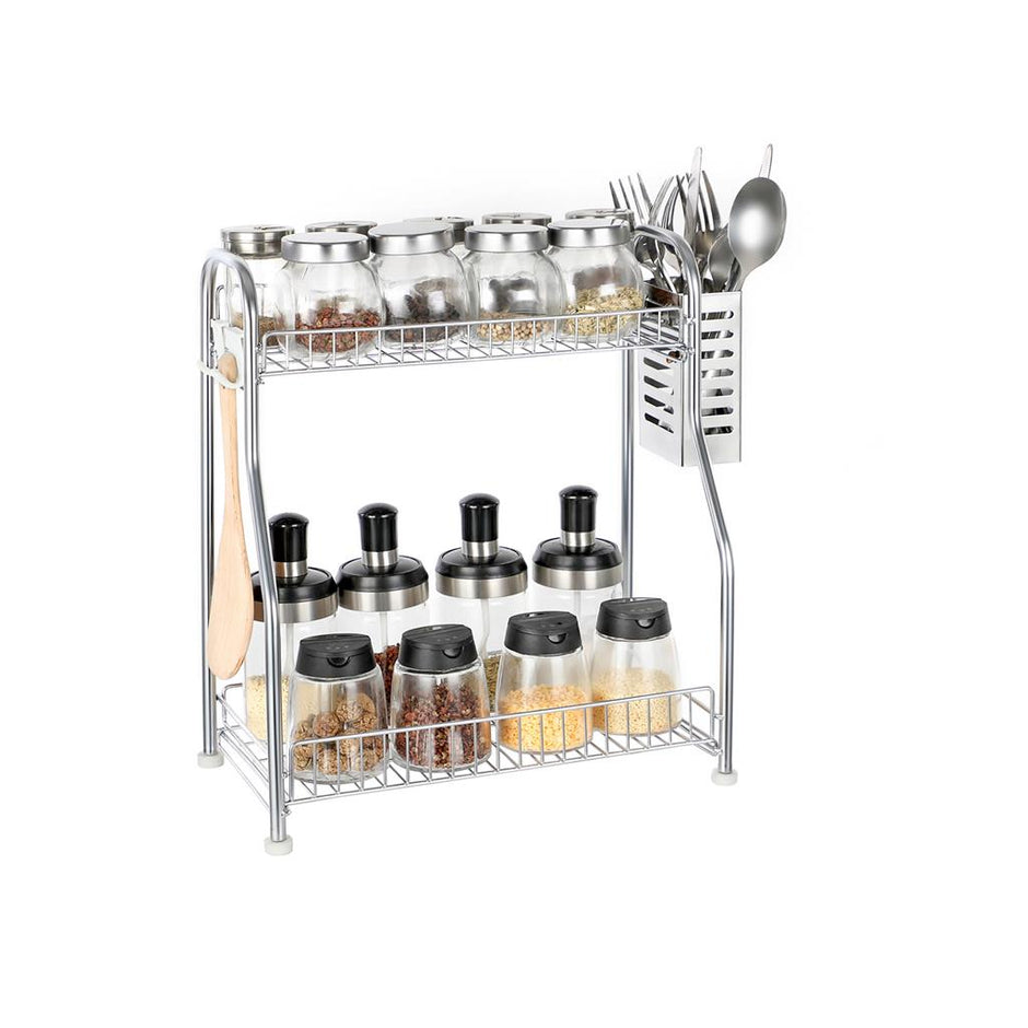 2-Tier Countertop Organiser – Metal – Silver – Includes Cutlery Holder and Hooks