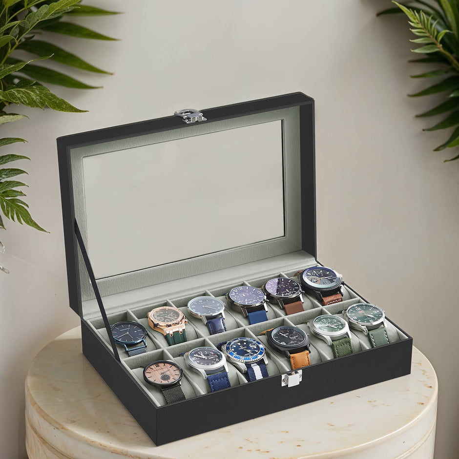 12-Slot Watch Box Organizer – Synthetic Leather – Black with Greenish Grey Lining – Large Glass Lid and Removable Watch Pillows