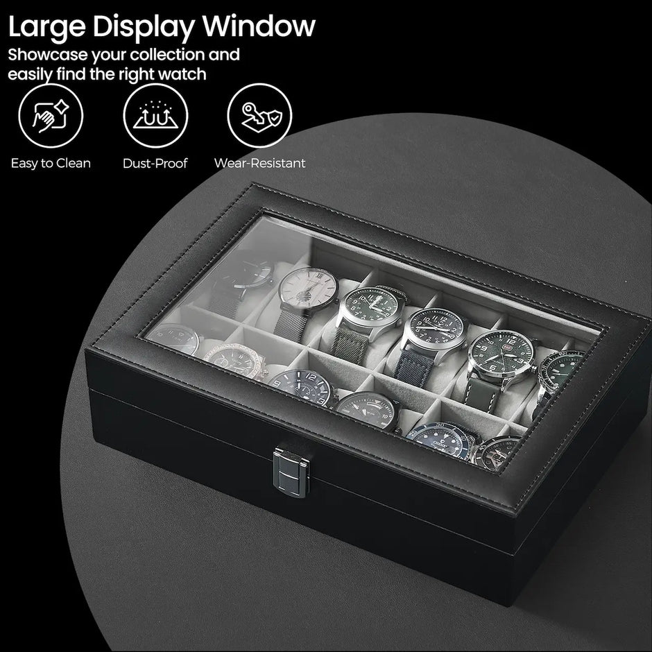 12-Slot Watch Box Organizer – Synthetic Leather – Black with Greenish Grey Lining – Large Glass Lid and Removable Watch Pillows