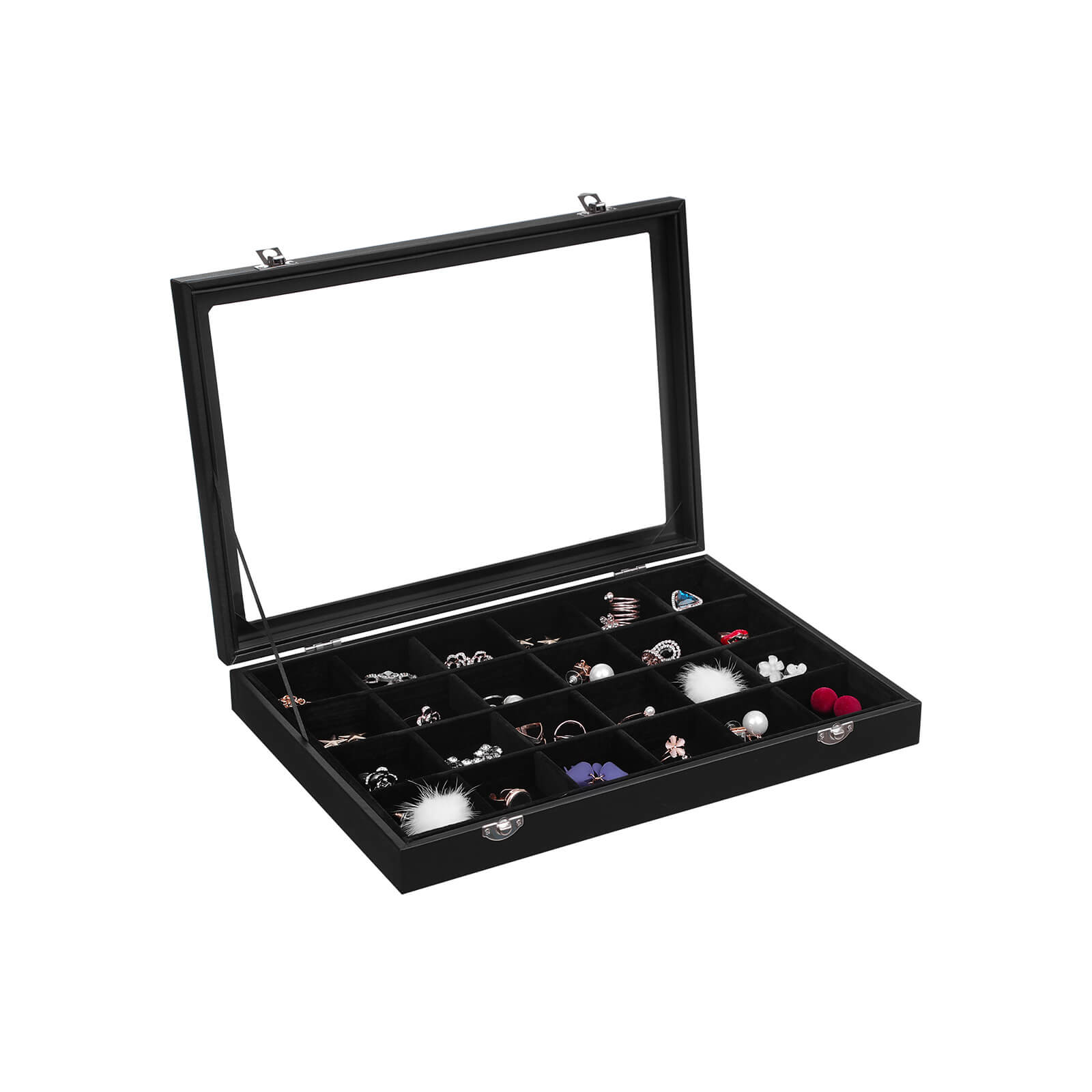 Jewellery Box – Velvet – Black – 24 Compartments with Glass Lid