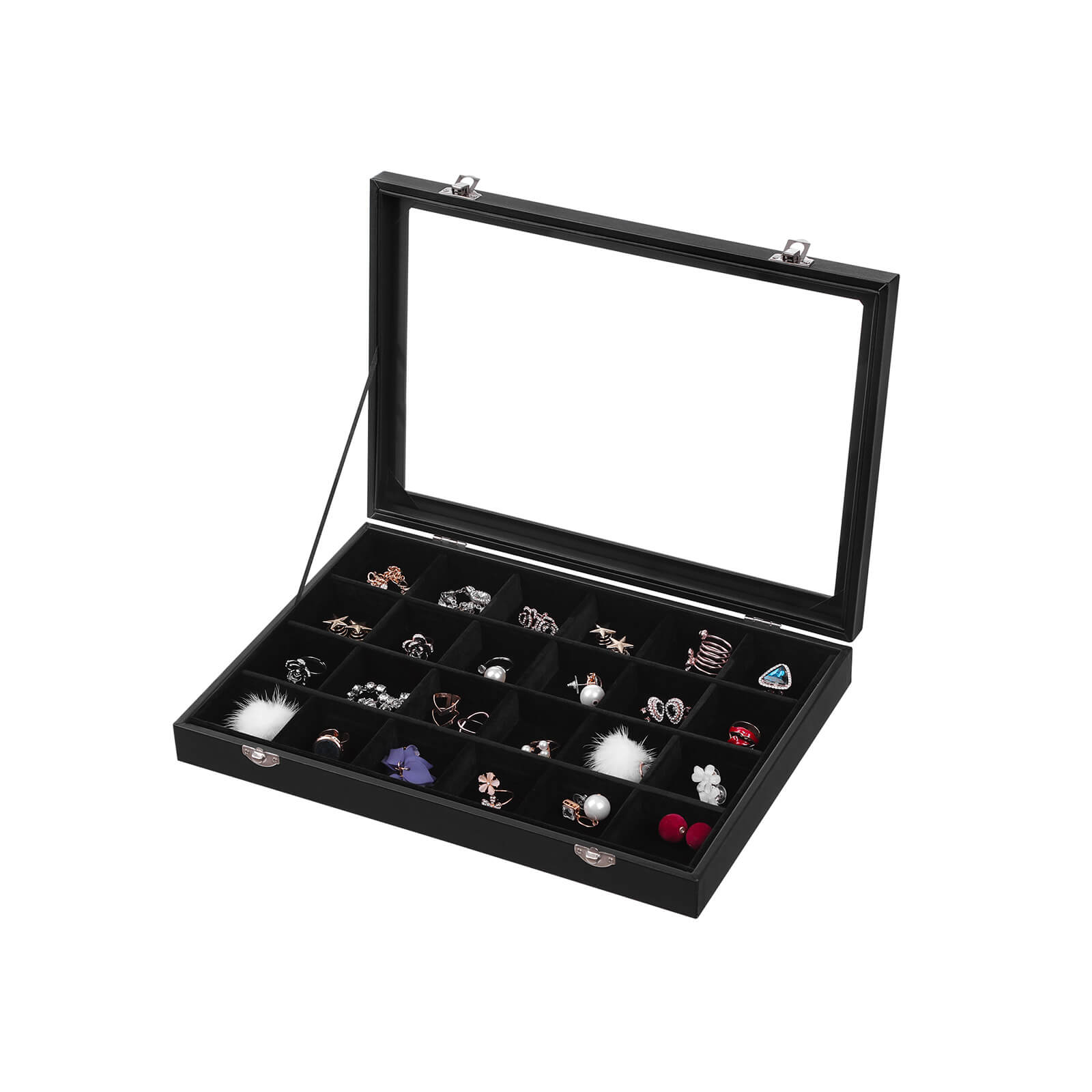 Jewellery Box – Velvet – Black – 24 Compartments with Glass Lid