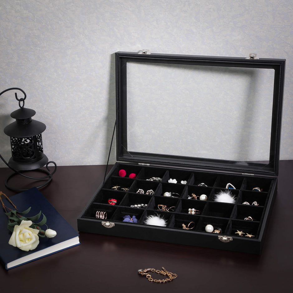Jewellery Box – Velvet – Black – 24 Compartments with Glass Lid