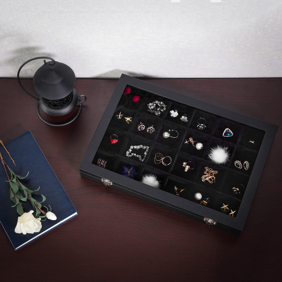 Jewellery Box – Velvet – Black – 24 Compartments with Glass Lid