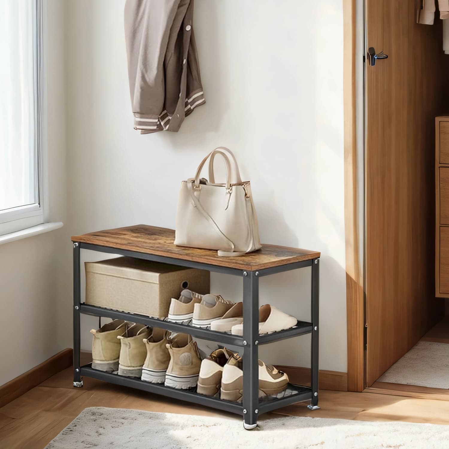 Shoe Bench – Steel – Rustic Brown and Black – 2 Shelves for Entryway Organization