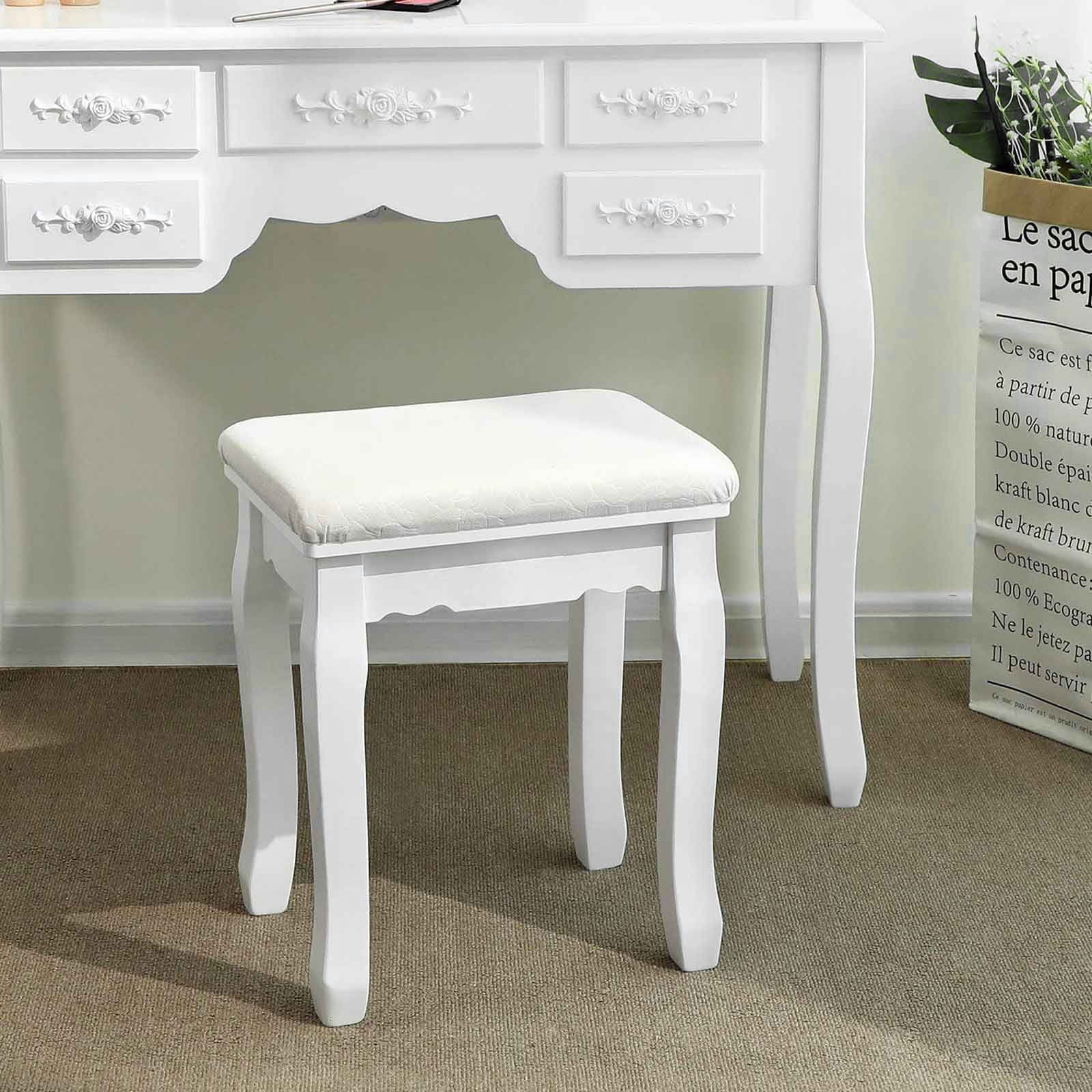 Dressing Stool – Rubberwood – White – Padded Bench with Floral Pattern