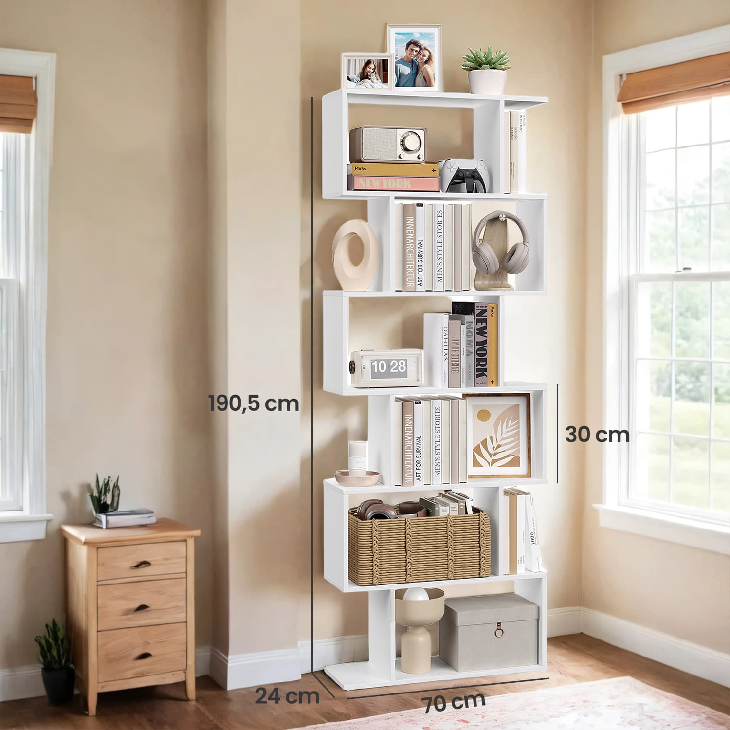 6-Tier Bookshelf – Wood – White – Freestanding Room Divider