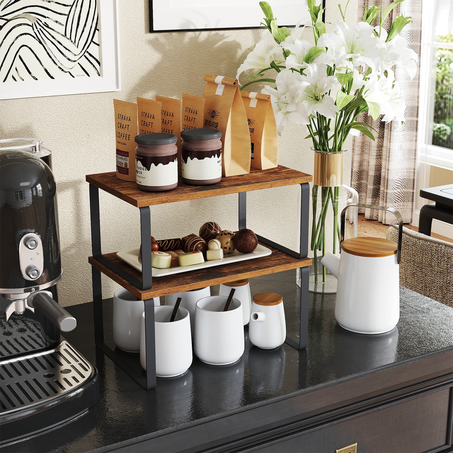 Spice Rack Set – Metal and Engineered Wood – Apricot Orange – Expandable and Stackable Kitchen Organiser