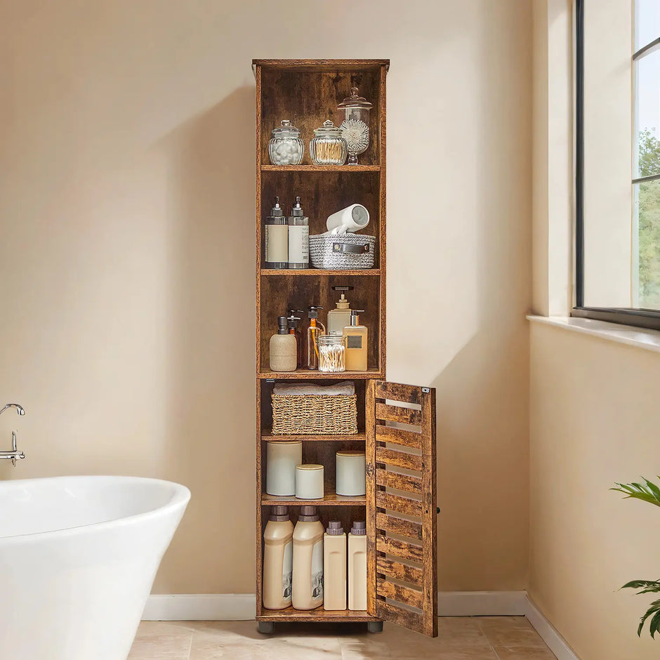 Tall Bathroom Storage Cabinet – Engineered Wood – Rustic Brown – Freestanding with Open and Adjustable Shelves