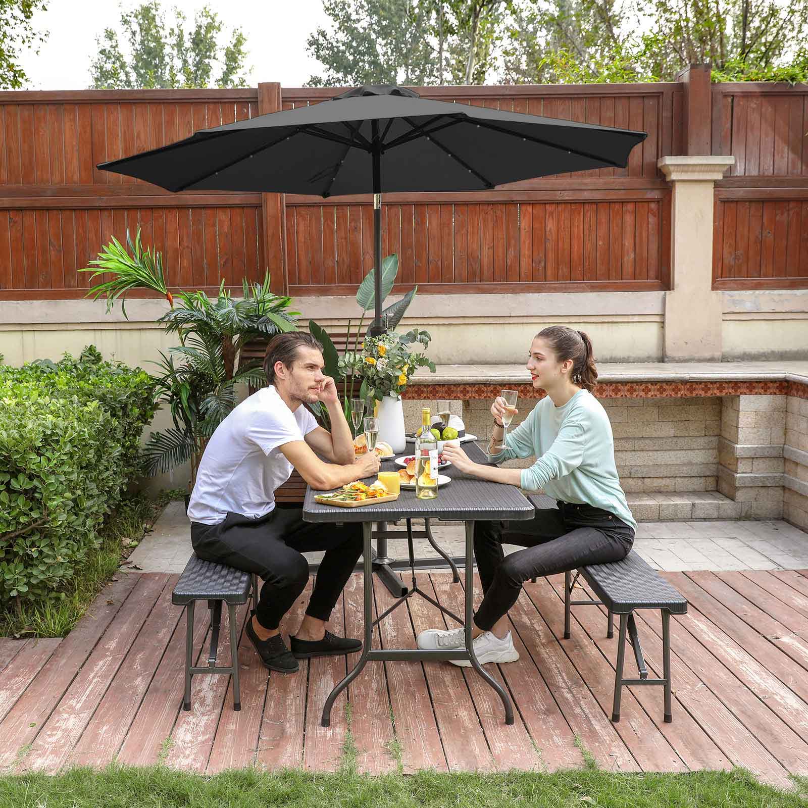 Large Patio Sun Umbrella – Fabric – Grey – Solar-Powered LED Lights, UPF 50+ Protection, Tilting Mechanism