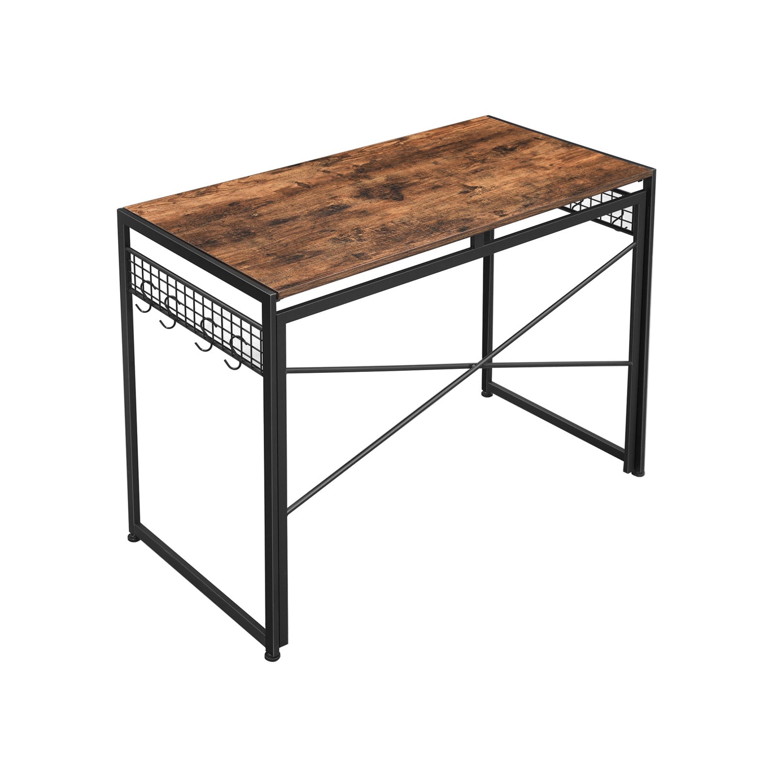 Folding Writing Desk – Wood and Metal – Rustic Brown and Black – 8 Hooks, No Tools Required