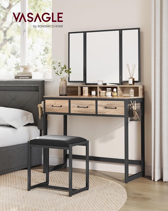 Dressing Table – Wood – Industrial Style – Tri-Fold Mirror, 3 Drawers, Hair Dryer Holder